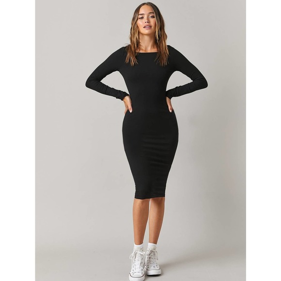 long sleeve fitted Solid Bodycon Midi Dress black - Picture 1 of 11